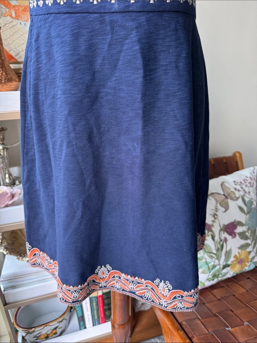 Tory Burch Navy Embroidered Off-Shoulder Dress with Coral and White Accents